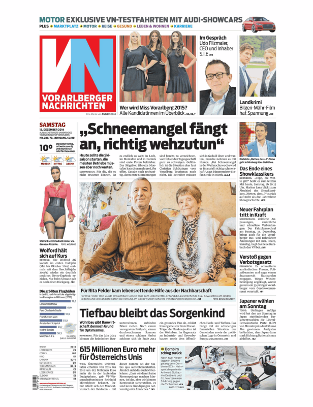Titelseite der Vorarlberger Nachrichten vom 13. Dezember 2014.