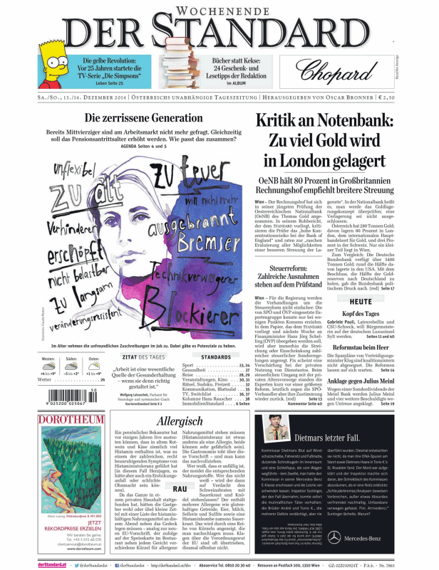 Titelseite der Zeitung „Der Standard“ vom 13./14. Dezember 2014.
