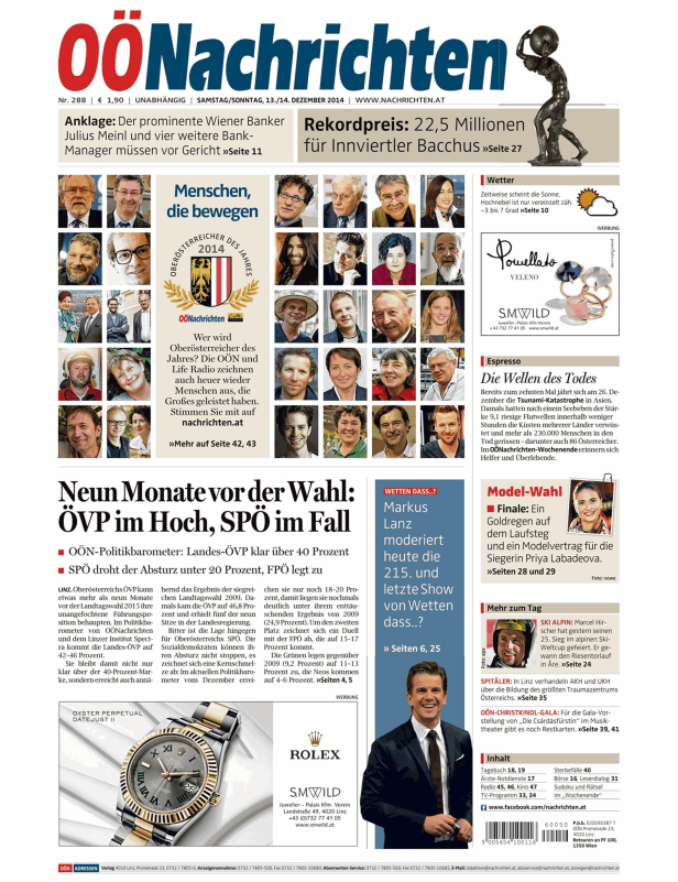 Titelseite der OÖNachrichten vom 13./14. Dezember 2014.