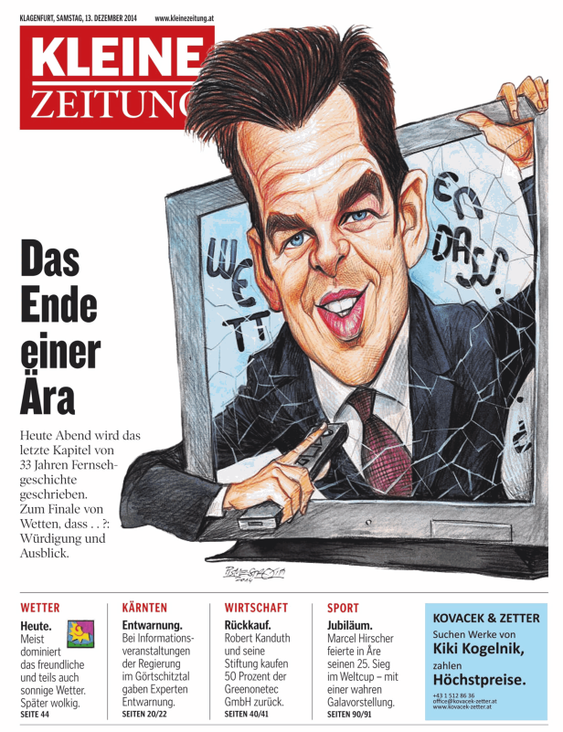 Karikatur eines Mannes, der aus einem Fernseher steigt und eine Fernbedienung hält.