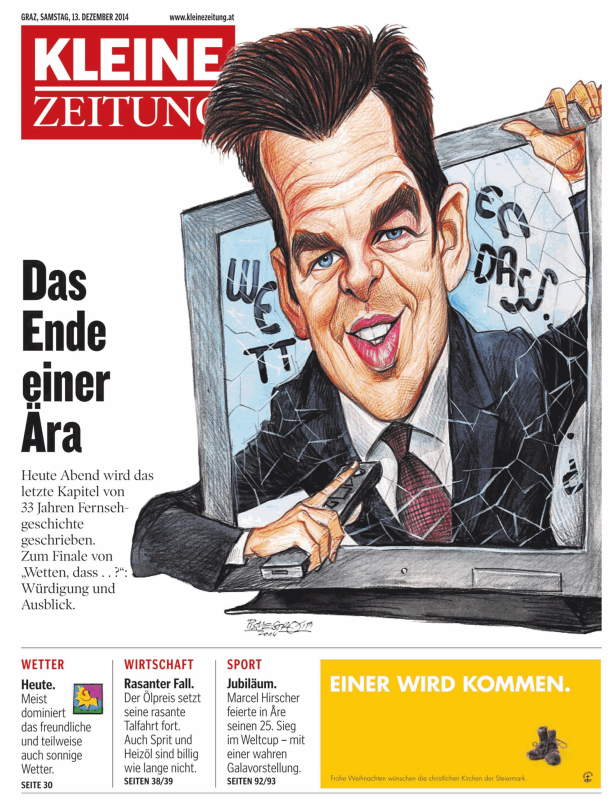 Karikatur eines Mannes, der aus einem zerbrochenen Fernsehbildschirm steigt und eine Fernbedienung hält.
