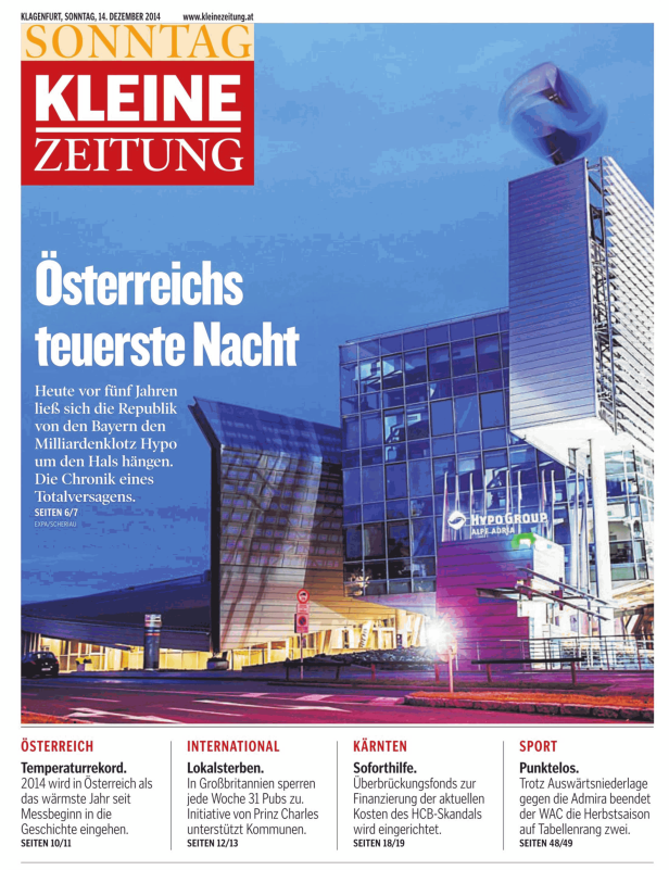 Titelseite der Kleinen Zeitung vom 14. Dezember 2014 mit dem Hypo Group Alpe Adria Gebäude.
