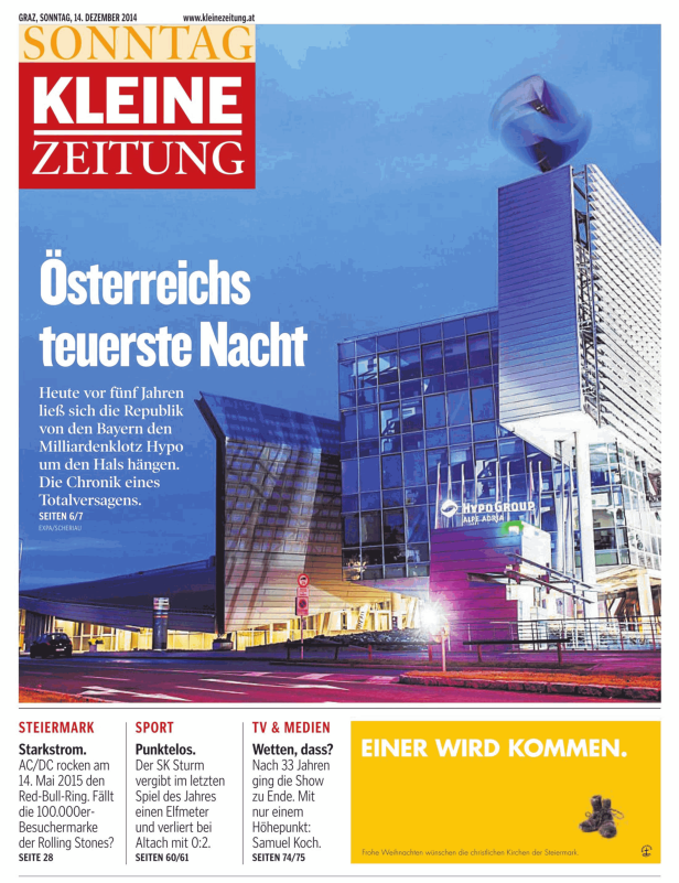 Titelseite der Kleinen Zeitung vom 14. Dezember 2014 mit dem Hypo-Group-Gebäude in Graz.