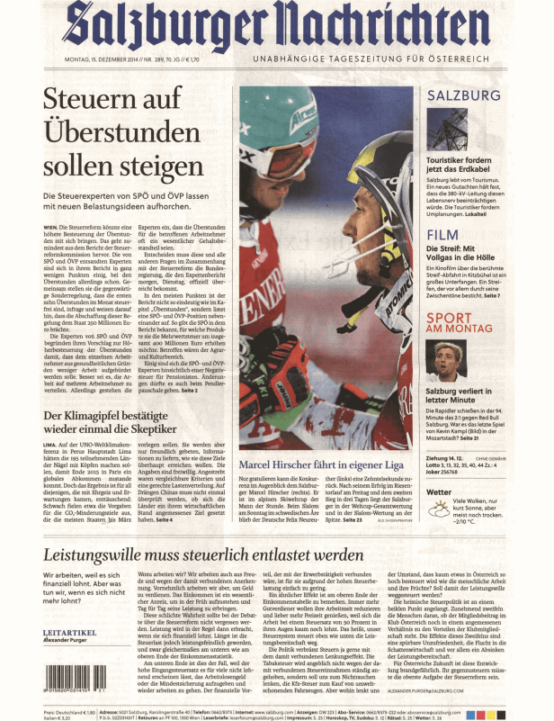 Titelseite der „Salzburger Nachrichten“ vom 15. Dezember 2014 mit einem Artikel über Marcel Hirscher.