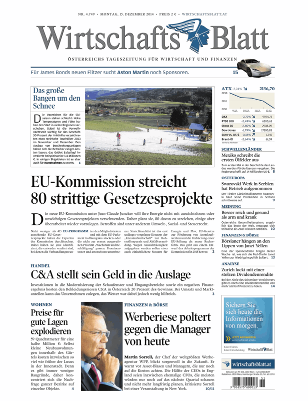 Titelseite des Wirtschaftsblatt vom 15. Dezember 2014.