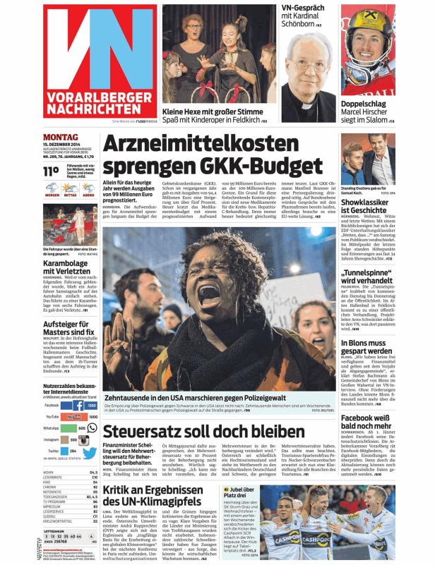 Titelseite der Vorarlberger Nachrichten vom 15. Dezember 2014.