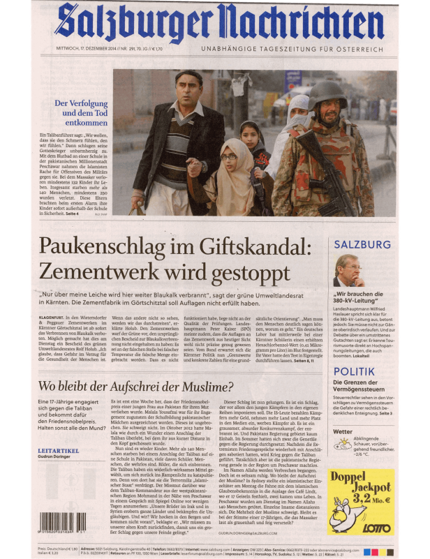 Titelseite der Salzburger Nachrichten vom 17. Dezember 2014 mit Artikeln zu verschiedenen Themen.