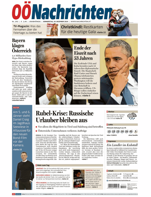 Titelseite der OÖ Nachrichten vom 18. Dezember 2014 mit Bildern von Raúl Castro und Barack Obama.