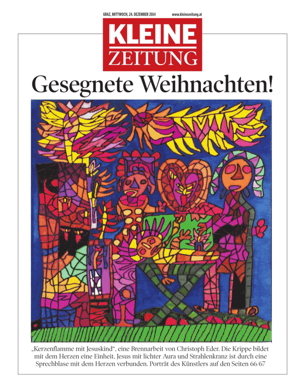 Eine farbenfrohe Darstellung einer Weihnachtskrippe von Christoph Eder.
