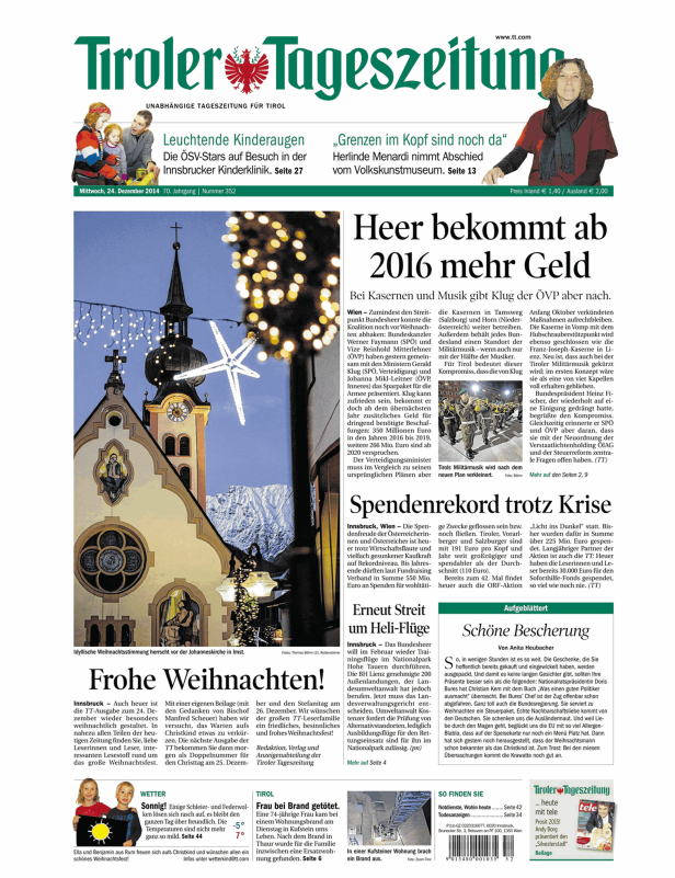 Titelseite der Tiroler Tageszeitung vom 24. Dezember 2014 mit weihnachtlichen Themen.