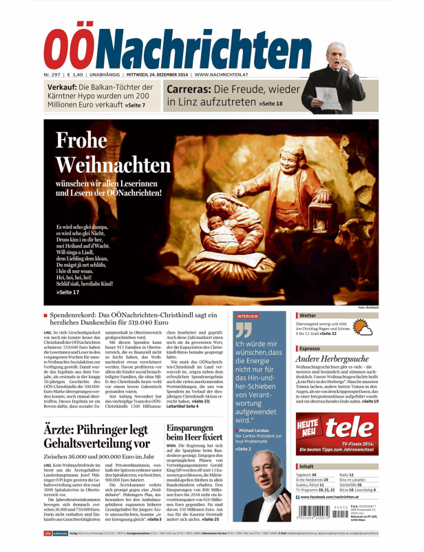 Titelseite der OÖNachrichten vom 24. Dezember 2014 mit Weihnachtswünschen.