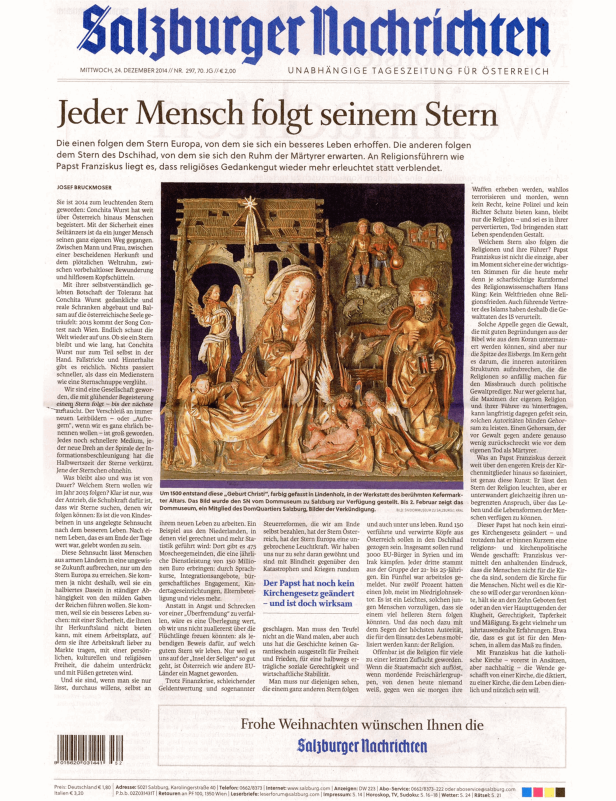Eine geschnitzte und bemalte Darstellung der Geburt Christi in Lindenholz, um 1500 entstanden.