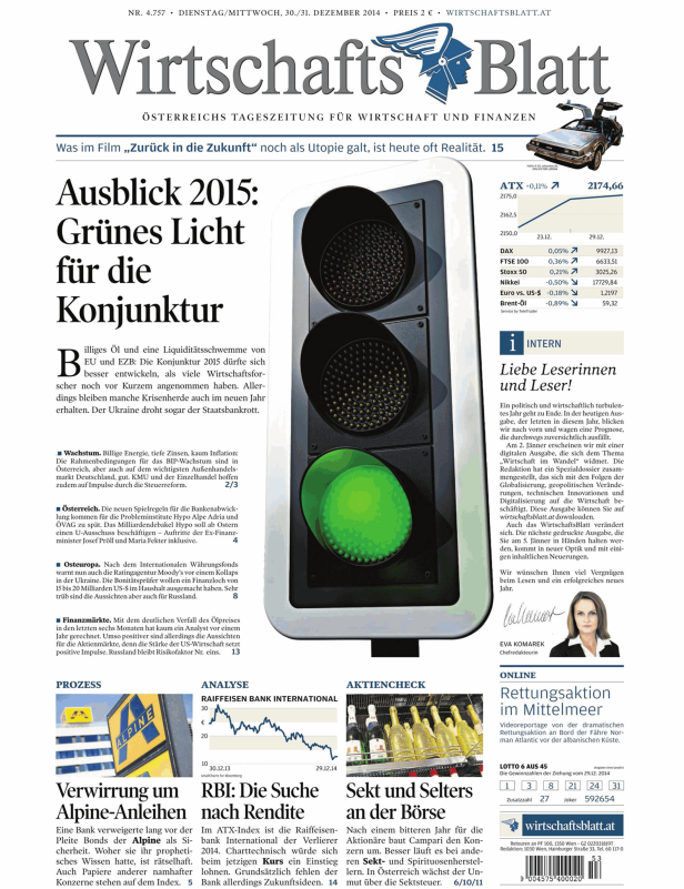 Titelseite des Wirtschaftsblatt vom 30./31. Dezember 2014 mit einer Ampel, die grünes Licht zeigt.