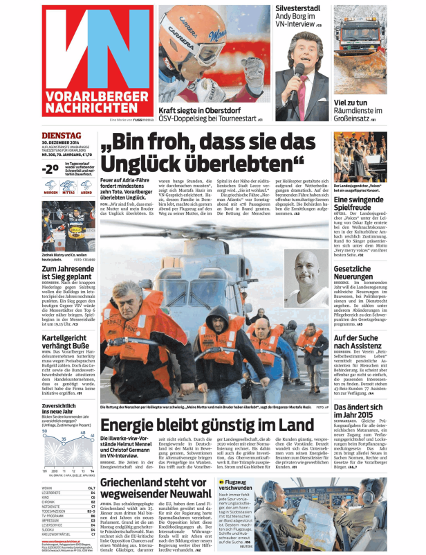 Titelseite der Vorarlberger Nachrichten vom 30. Dezember 2014.