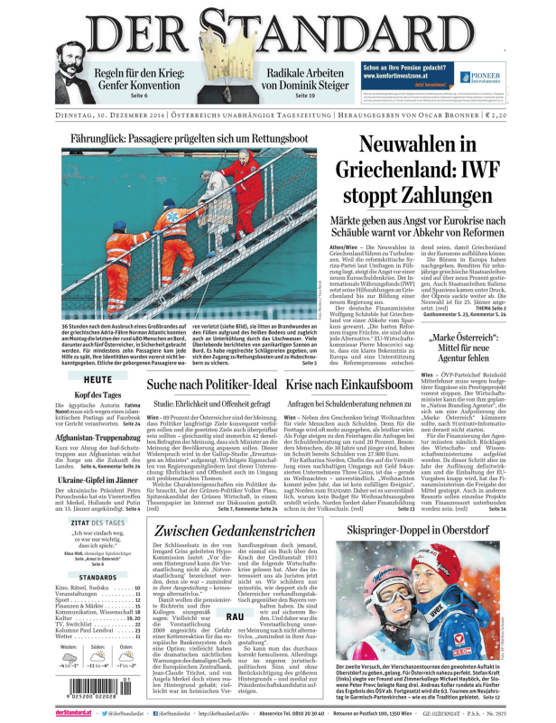 Titelseite der Zeitung „Der Standard“ vom 30. Dezember 2014.
