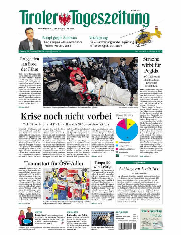 Titelseite der Tiroler Tageszeitung vom 30. Dezember 2014.