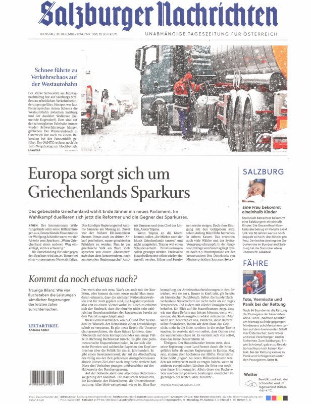 Titelseite der Salzburger Nachrichten vom 30. Dezember 2014 mit Schlagzeilen zu Schneechaos und Griechenland.