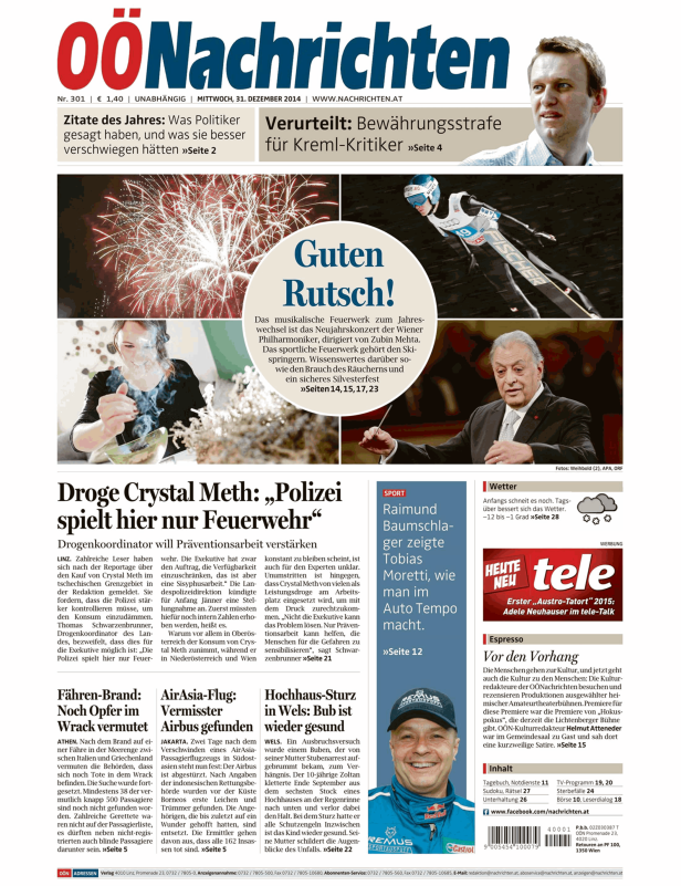Titelseite der OÖNachrichten vom 31. Dezember 2014 mit Schlagzeilen zu verschiedenen Themen.