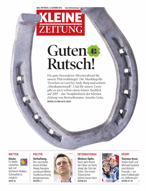Ein Hufeisen und der Schriftzug „Guten Rutsch!“ der Kleinen Zeitung zum Jahreswechsel.