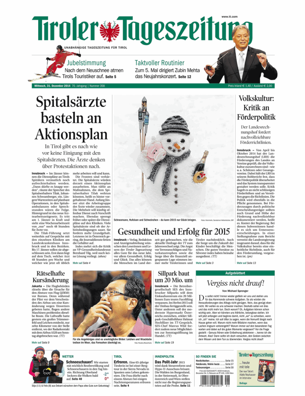 Ein Schneemann mit Glücksbringern auf der Titelseite der Tiroler Tageszeitung.