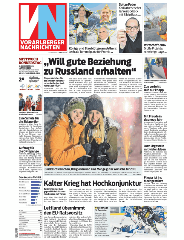 Titelseite der Vorarlberger Nachrichten vom 31. Dezember 2014 und 1. Jänner 2015.