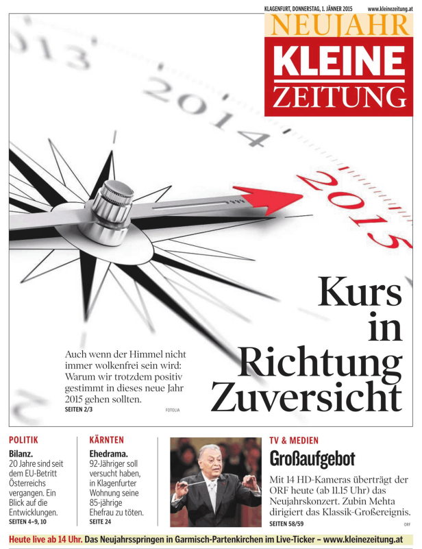 Titelseite der Kleinen Zeitung zum Neujahr 2015 mit Kompass-Grafik.