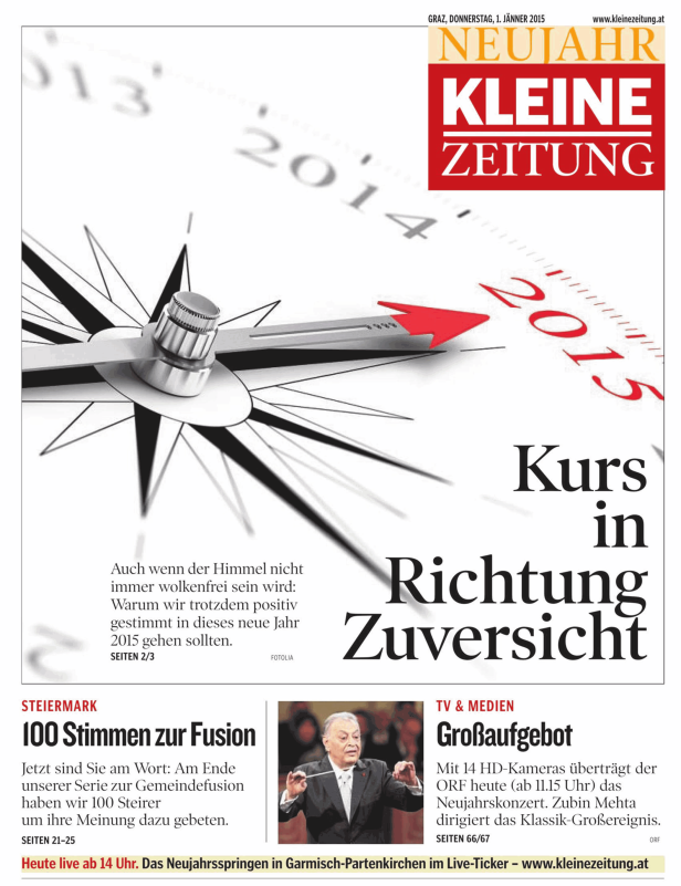 Titelseite der Kleinen Zeitung zum Neujahr 2015 mit Kompass und rotem Pfeil.