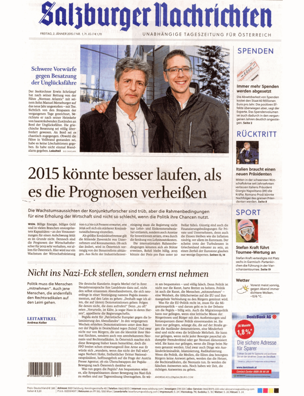 Titelseite der Salzburger Nachrichten vom 2. Januar 2015.