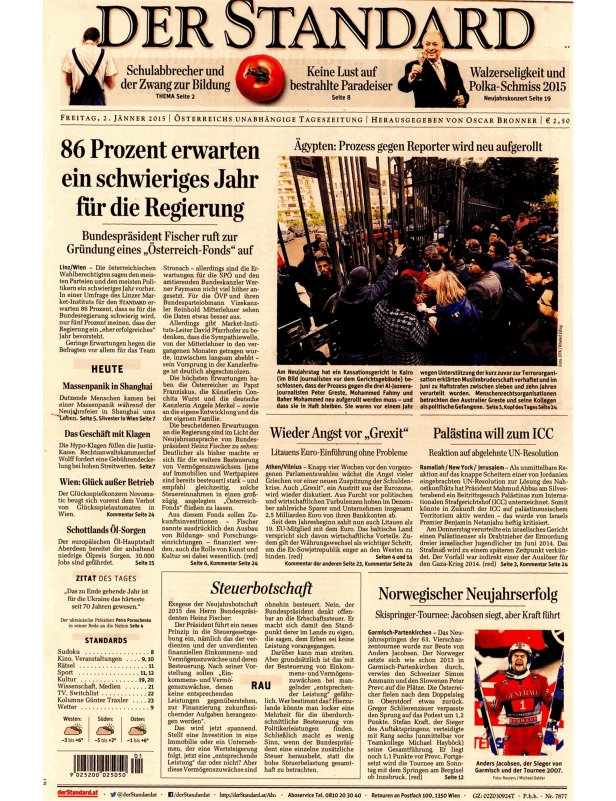 Titelseite der Zeitung „Der Standard“ vom 2. Jänner 2015.