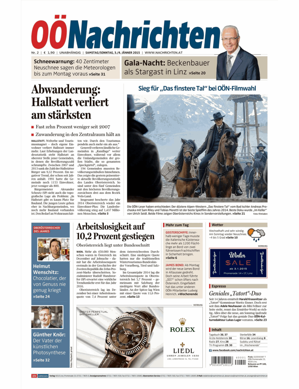 Titelseite der OÖNachrichten vom 3./4. Jänner 2015 mit Artikeln zu verschiedenen Themen.
