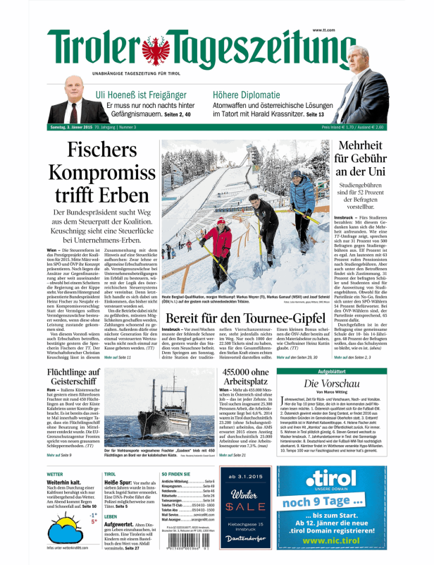 Titelseite der Tiroler Tageszeitung vom 3. Jänner 2015.