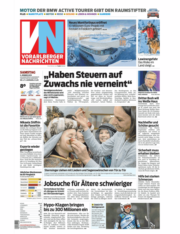 Titelseite der Vorarlberger Nachrichten vom 3. Jänner 2015.