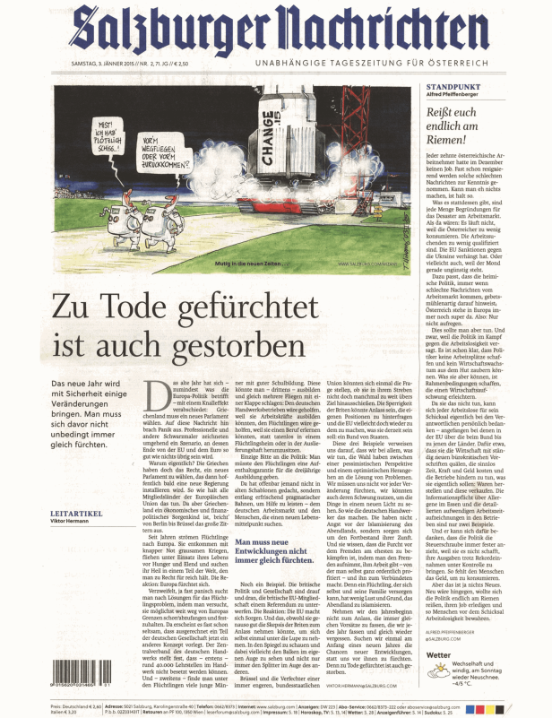 Karikatur in den Salzburger Nachrichten vom 3. Jänner 2015 zum Thema Angst vor Veränderungen.