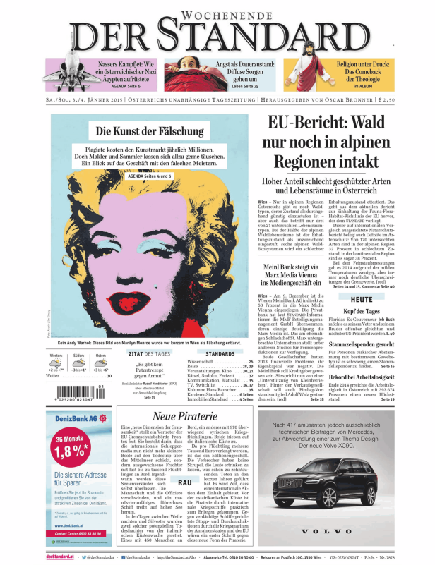 Titelseite der Zeitung „Der Standard“ mit einem Andy-Warhol-Porträt von Marilyn Monroe.