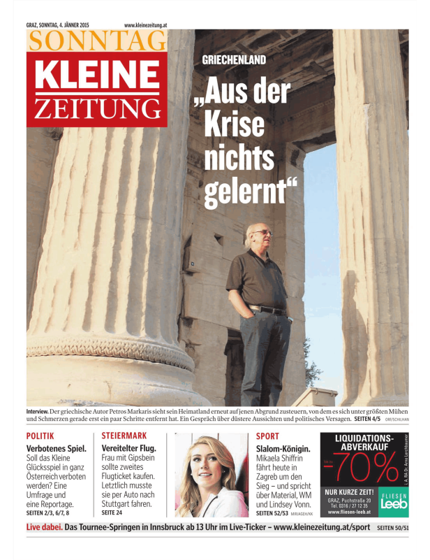 Titelseite der „Kleinen Zeitung“ vom 4. Jänner 2015 mit einem Interview mit Petros Markaris.