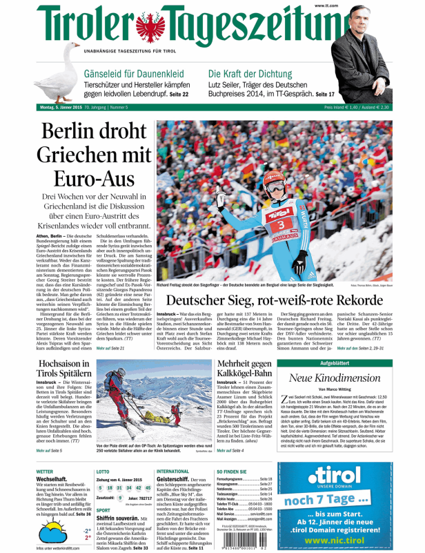 Richard Freitag streckt auf einem Foto in der Tiroler Tageszeitung den Siegerfinger.
