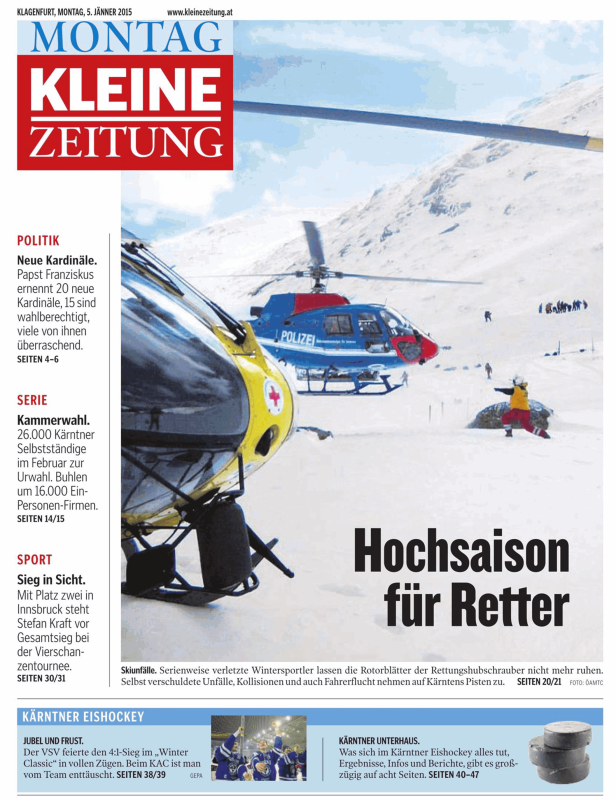 Ein Zeitungsartikel der „Kleinen Zeitung“ vom 5. Jänner 2015 mit dem Titel „Hochsaison für Retter“ und einem Bild von Rettungshubschraubern.