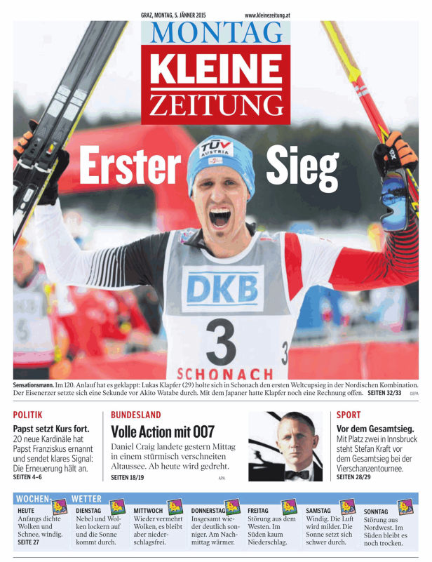 Jubelnder Lukas Klapfer feiert seinen ersten Weltcupsieg in der Nordischen Kombination in Schonach.