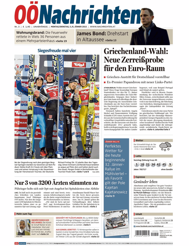 Skispringer Stefan Kraft freut sich mit seinen Kollegen über den Sieg bei der Vierschanzentournee.