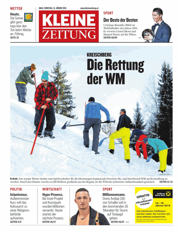Helfer präparieren die Piste für die Freestyle-Ski- und Snowboard-WM am Kreischberg.