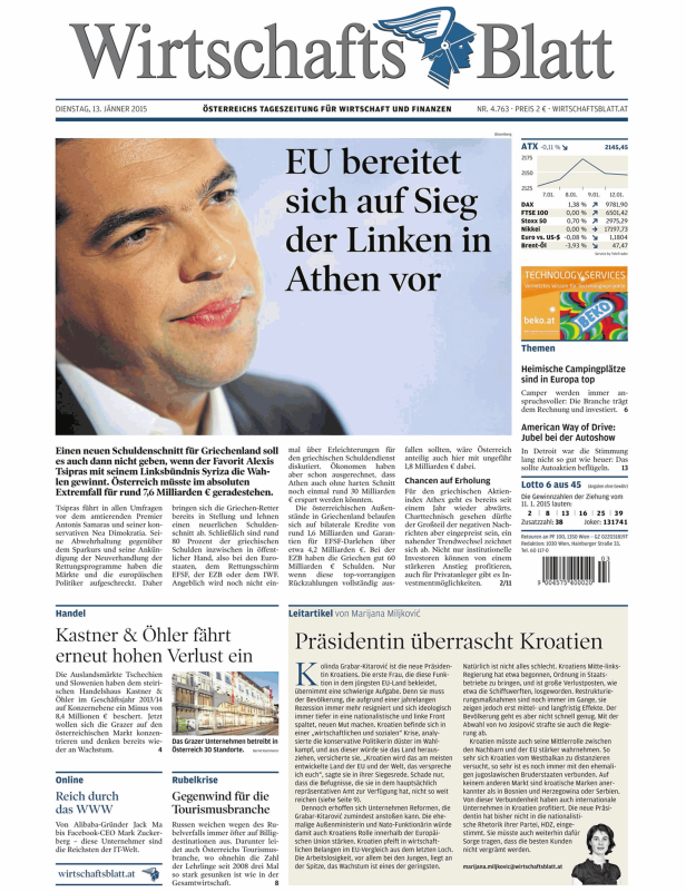 Titelseite des „Wirtschaftsblatt“ vom 13. Januar 2015 mit dem Titel „EU bereitet sich auf Sieg der Linken in Athen vor“.