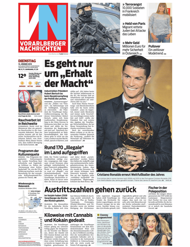 Titelseite der Vorarlberger Nachrichten vom 13. Januar 2015.