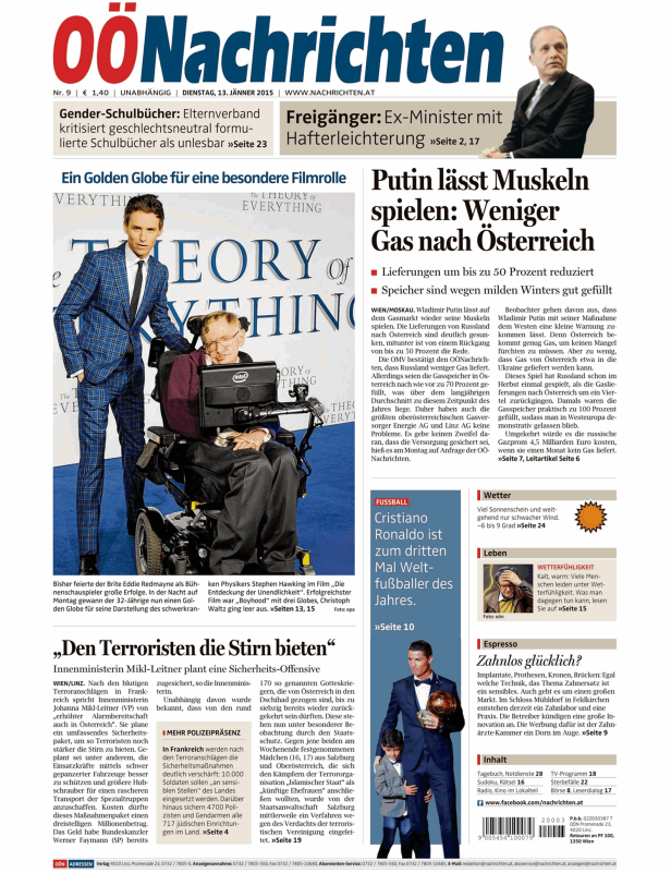 Titelseite der OÖNachrichten mit einem Artikel über den Film „Die Entdeckung der Unendlichkeit“.