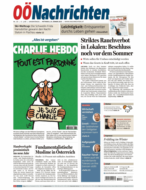Titelseite der OÖ Nachrichten vom 14. Jänner 2015 mit einer Karikatur von „Charlie Hebdo“.