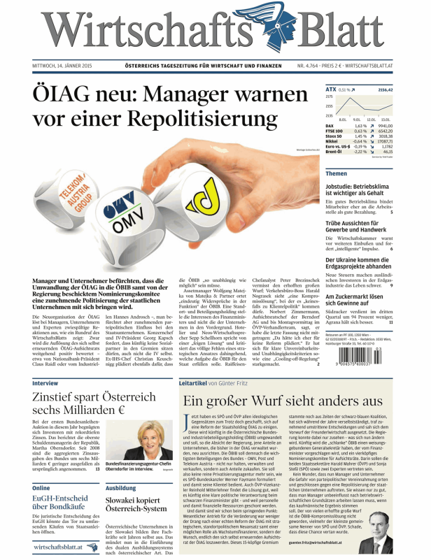 Titelseite des WirtschaftsBlatts vom 14. Januar 2015 mit der Schlagzeile: ÖIAG neu: Manager warnen vor einer Repolitisierung.