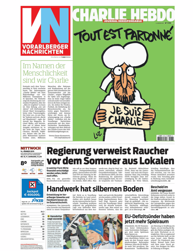Titelseite der „Vorarlberger Nachrichten“ mit einem Artikel über „Charlie Hebdo“.