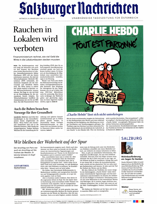 Titelseite der „Salzburger Nachrichten“ vom 14. Januar 2015 mit einem Artikel über „Charlie Hebdo“.