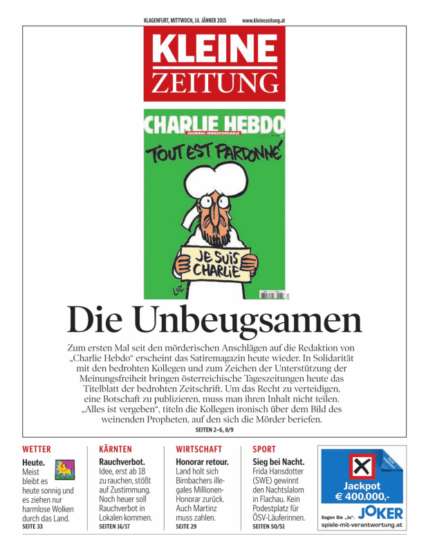 Titelseite der „Kleinen Zeitung“ mit einer Karikatur von „Charlie Hebdo“.