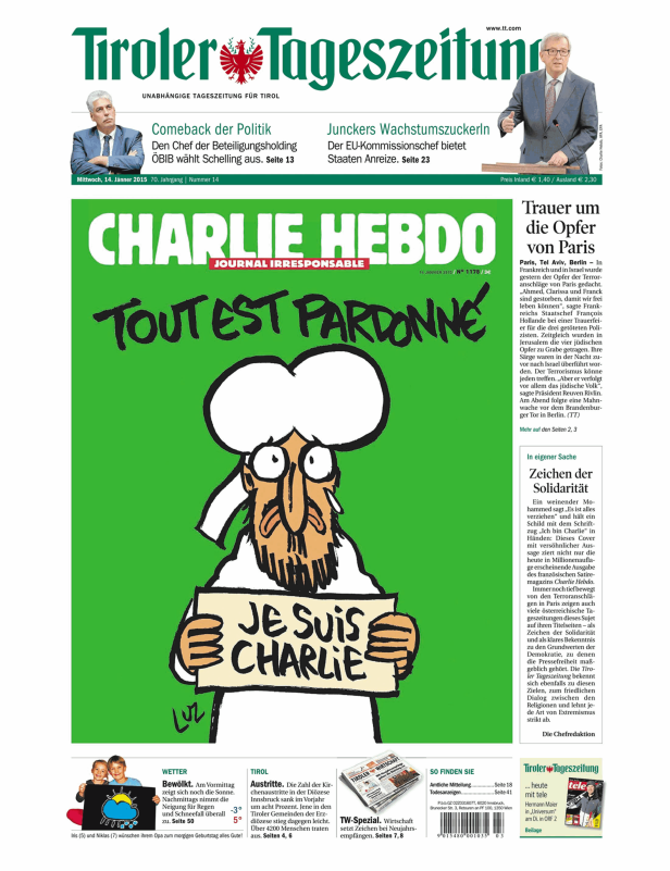 Titelseite der Tiroler Tageszeitung mit einer Karikatur von Charlie Hebdo als Zeichen der Solidarität.