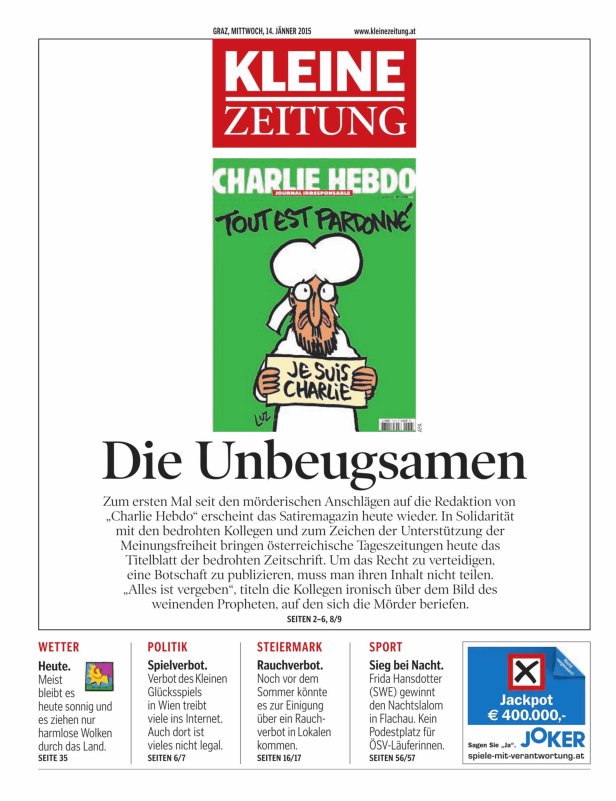Titelseite der „Kleinen Zeitung“ vom 14. Januar 2015 mit einer Karikatur von „Charlie Hebdo“.